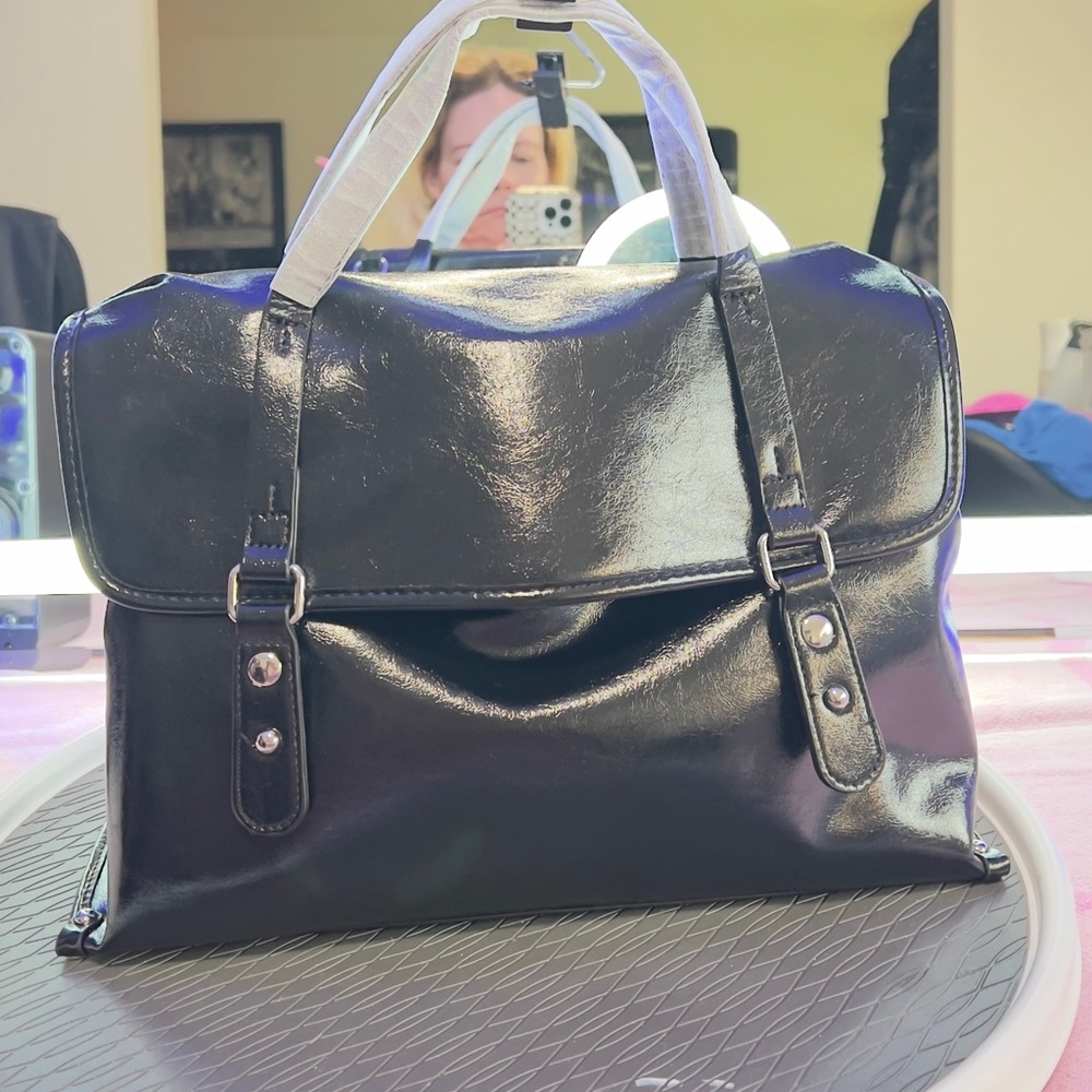 Black Patent Leather Satchel Handbag